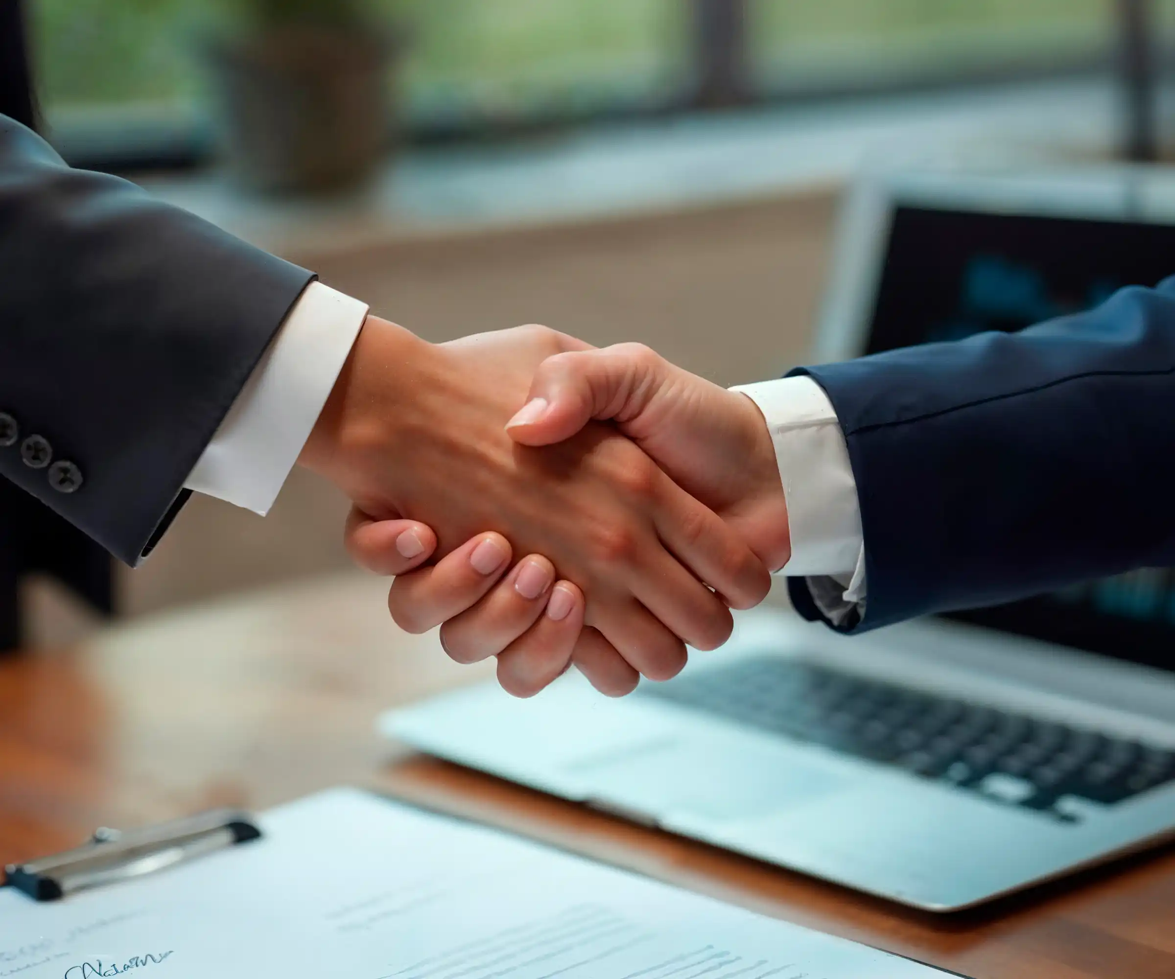 Two business professionals shaking hands over a table during a meeting