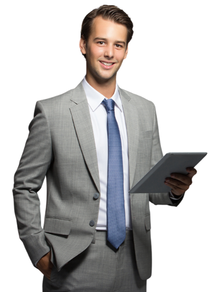Man in a grey suit holding a tablet and smiling, portraying professionalism