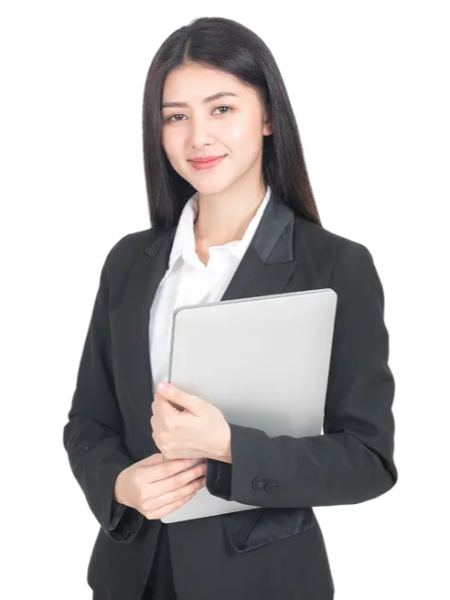 Businesswoman in a black suit holding a laptop and smiling warmly
