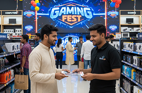 Brand activation setup with a representative engaging with a visitor at a retail booth