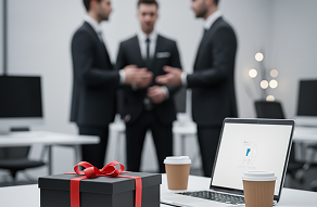 Premium black gift box with red ribbon placed on a desk next to a laptop in a corporate office setting
