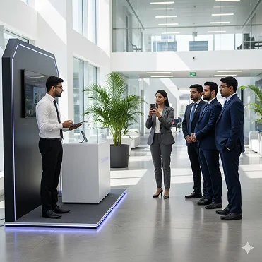 Brand activation setup with promotional staff engaging with a customer in a bright modern space