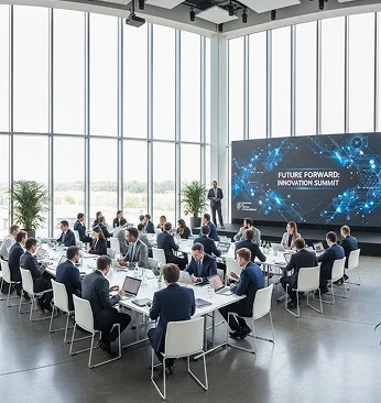 Professionals networking and collaborating at large conference roundtables in a modern well-lit venue