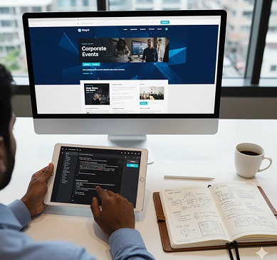 Desktop computer and tablet displaying coding interface and website layout designs